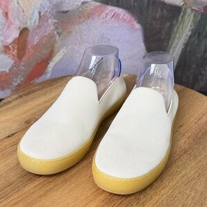Rothy's Cream Knit Slip-On Sneakers with Yellow Rubber Sole